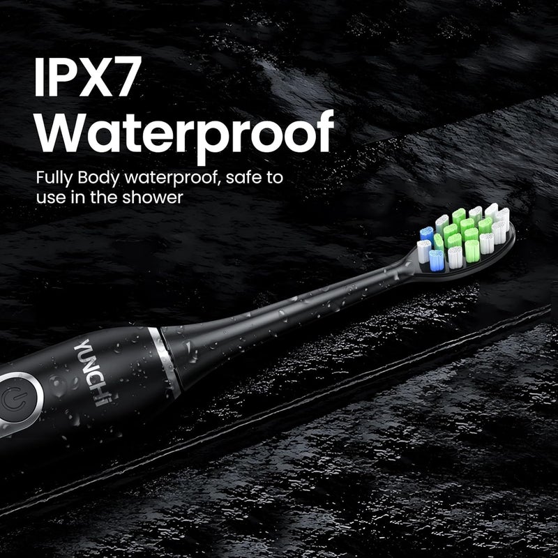YUNCHI Electric Toothbrush Birthday/Valentine Plastic 8 Dupont Heads 24-Mo Deep Cleans Gentle Gums Removes Stains 3Hr USB-C 90d 2-Min Timer/30s IPX7 - Black - Image 5